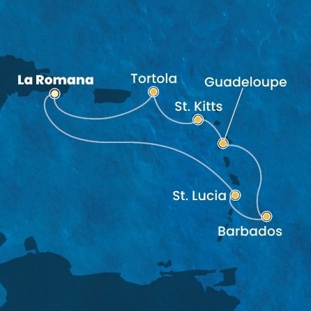 Dominikánska republika, Svätá Lucia, Barbados, Guadeloupe, Svätý Krištof a Nevis, Britské Panenské ostrovy z La Romany na lodi Costa Pacifica