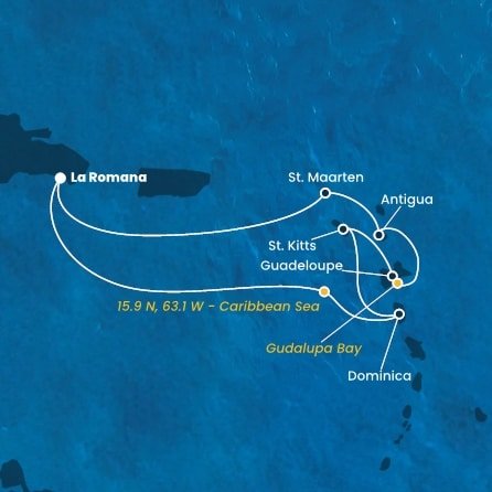 Dominikánska republika, Dominika, Svätý Krištof a Nevis, Guadeloupe, Zámořské společenství Francie, Antigua a Barbuda, Svatý Martin z La Romany na lodi Costa Fascinosa