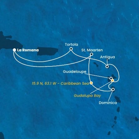 Dominikánska republika, Svatý Martin, Dominika, Guadeloupe, Zámořské společenství Francie, Antigua a Barbuda, Britské Panenské ostrovy z La Romany na lodi Costa Fascinosa