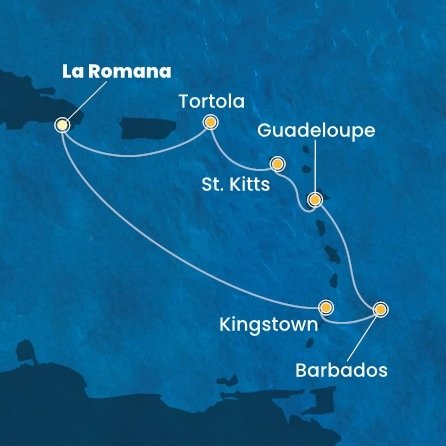 Dominikánska republika, Svätý Vincent a Grenadiny, Barbados, Guadeloupe, Svätý Krištof a Nevis, Britské Panenské ostrovy z La Romany na lodi Costa Pacifica