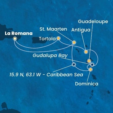 Dominikánska republika, Svatý Martin, Dominika, Guadeloupe, Zámořské společenství Francie, Antigua a Barbuda, Britské Panenské ostrovy z La Romany na lodi Costa Fascinosa