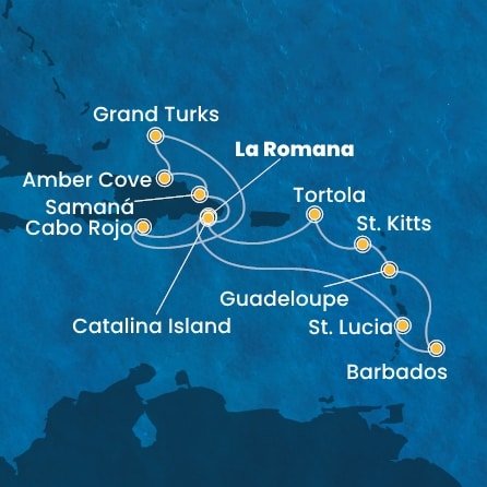 Dominikánska republika, Svätá Lucia, Barbados, Guadeloupe, Svätý Krištof a Nevis, Britské Panenské ostrovy, Veľká Británia z La Romany na lodi Costa Pacifica