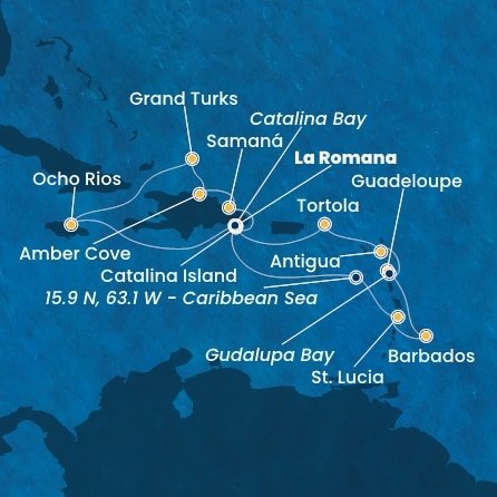 Dominikánska republika, Svätá Lucia, Barbados, Guadeloupe, Zámořské společenství Francie, Antigua a Barbuda, Britské Panenské ostrovy, Jamajka, Veľká Británia z La Romany na lodi Costa Fascinosa