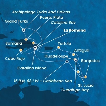 Dominikánska republika, Svätá Lucia, Barbados, Guadeloupe, Zámořské společenství Francie, Antigua a Barbuda, Britské Panenské ostrovy, Veľká Británia z La Romany na lodi Costa Fascinosa