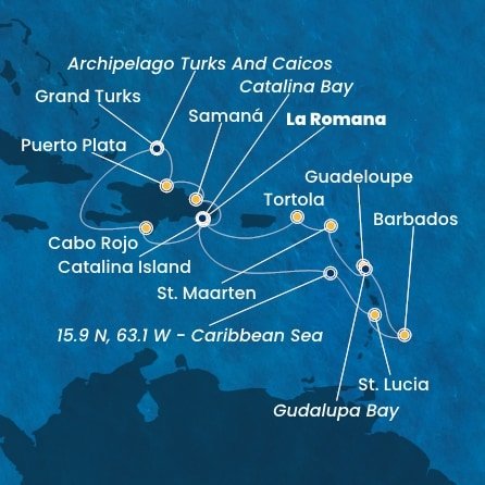 Dominikánska republika, Svätá Lucia, Barbados, Guadeloupe, Zámořské společenství Francie, Svatý Martin, Britské Panenské ostrovy, Veľká Británia z La Romany na lodi Costa Fascinosa