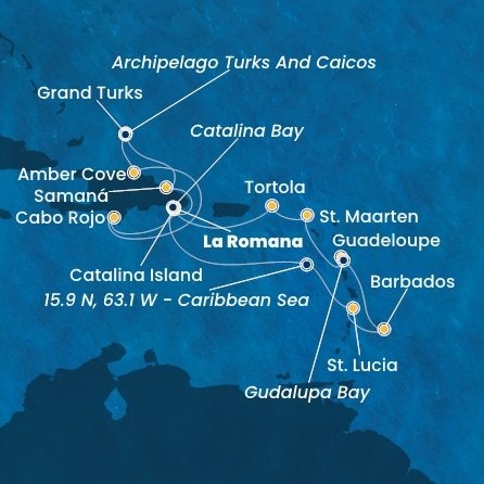 Dominikánska republika, Veľká Británia, Svätá Lucia, Barbados, Guadeloupe, Zámořské společenství Francie, Svatý Martin, Britské Panenské ostrovy z La Romany na lodi Costa Fascinosa