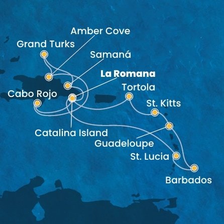 Dominikánska republika, Veľká Británia, Svätá Lucia, Barbados, Guadeloupe, Svätý Krištof a Nevis, Britské Panenské ostrovy z La Romany na lodi Costa Pacifica