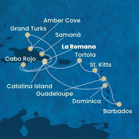 Dominikánska republika, Veľká Británia, Dominika, Barbados, Guadeloupe, Svätý Krištof a Nevis, Britské Panenské ostrovy z La Romany na lodi Costa Pacifica