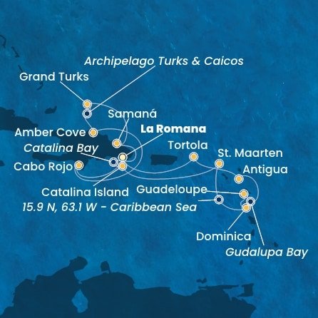 Dominikánska republika, Veľká Británia, Svatý Martin, Dominika, Guadeloupe, Zámořské společenství Francie, Antigua a Barbuda, Britské Panenské ostrovy z La Romany na lodi Costa Fascinosa