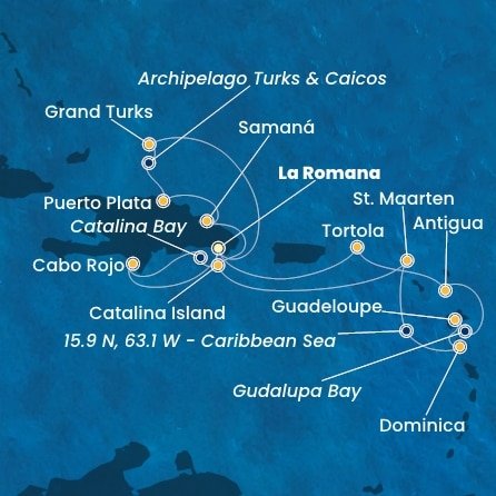 Dominikánska republika, Svatý Martin, Dominika, Guadeloupe, Zámořské společenství Francie, Antigua a Barbuda, Britské Panenské ostrovy, Veľká Británia z La Romany na lodi Costa Fascinosa