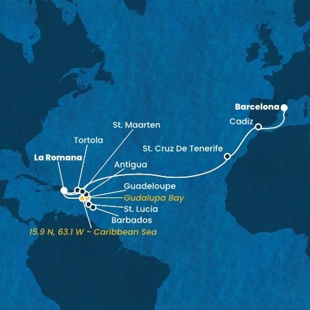 Dominikánska republika, Svätá Lucia, Barbados, Guadeloupe, Zámořské společenství Francie, Antigua a Barbuda, Britské Panenské ostrovy, Svatý Martin, Španielsko z La Romany na lodi Costa Fascinosa