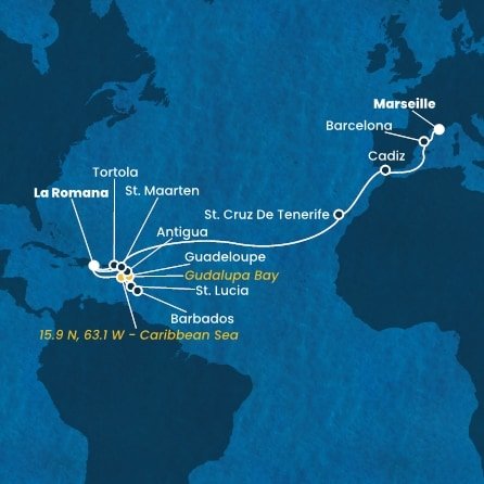 Dominikánska republika, Svätá Lucia, Barbados, Guadeloupe, Zámořské společenství Francie, Antigua a Barbuda, Britské Panenské ostrovy, Svatý Martin, Španielsko, Francúzsko z La Romany na lodi Costa Fascinosa