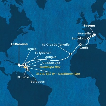 Dominikánska republika, Svätá Lucia, Barbados, Guadeloupe, Zámořské společenství Francie, Antigua a Barbuda, Britské Panenské ostrovy, Svatý Martin, Španielsko, Francúzsko, Taliansko z La Romany na lodi Costa Fascinosa