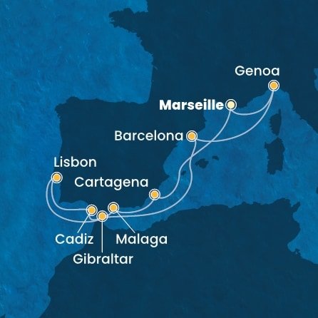 Francúzsko, Taliansko, Španielsko, Portugalsko, Gibraltár z Marseille na lodi Costa Diadema