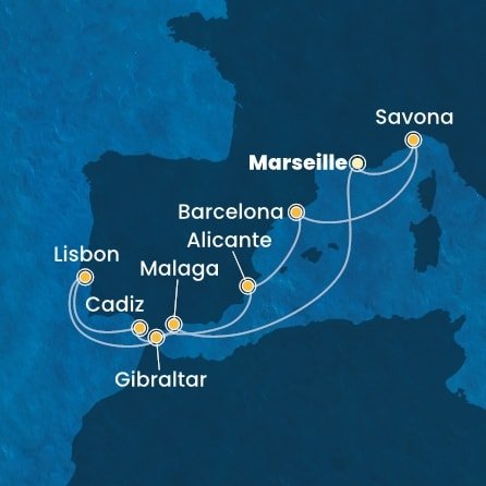 Francúzsko, Španielsko, Gibraltár, Portugalsko, Taliansko z Marseille na lodi Costa Favolosa