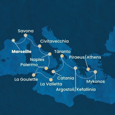 Francúzsko, Taliansko, Tunisko, Malta, Grécko z Marseille na lodi Costa Fascinosa