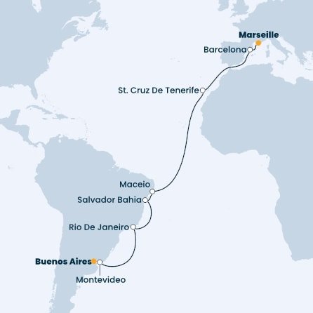 Francúzsko, Španielsko, Brazília, Uruguaj, Argentína z Marseille na lodi Costa Fascinosa