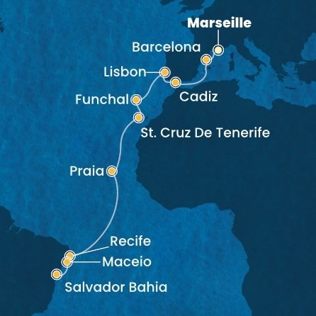 Francúzsko, Španielsko, Portugalsko, Kapverdy, Brazília z Marseille na lodi Costa Favolosa