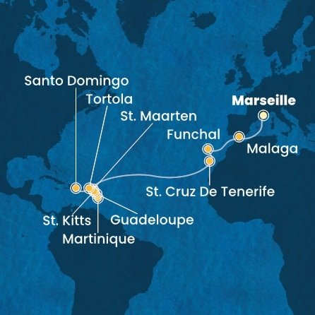 Francúzsko, Španielsko, Portugalsko, Svatý Martin, Martinik, Guadeloupe, Svätý Krištof a Nevis, Britské Panenské ostrovy, Dominikánska republika z Marseille na lodi Costa Fascinosa