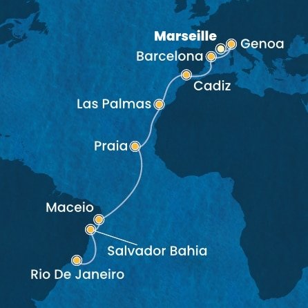 Francúzsko, Taliansko, Španielsko, Kapverdy, Brazília z Marseille na lodi Costa Diadema