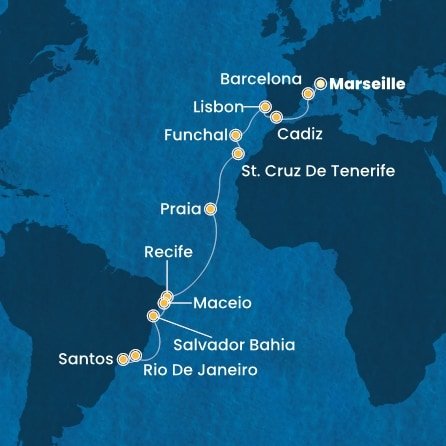 Francúzsko, Španielsko, Portugalsko, Kapverdy, Brazília z Marseille na lodi Costa Favolosa