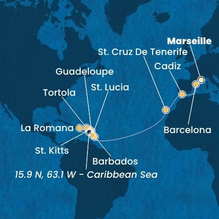 Francúzsko, Španielsko, Barbados, Guadeloupe, Svätý Krištof a Nevis, Britské Panenské ostrovy, Dominikánska republika, Svätá Lucia z Marseille na lodi Costa Fascinosa