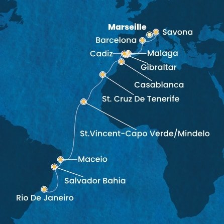 Francúzsko, Taliansko, Španielsko, Gibraltár, Maroko, Kapverdy, Brazília z Marseille na lodi Costa Diadema