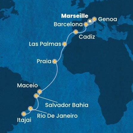 Francúzsko, Taliansko, Španielsko, Kapverdy, Brazília z Marseille na lodi Costa Diadema