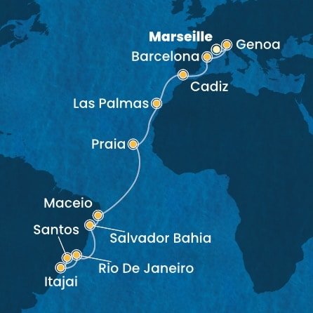 Francúzsko, Taliansko, Španielsko, Kapverdy, Brazília z Marseille na lodi Costa Diadema