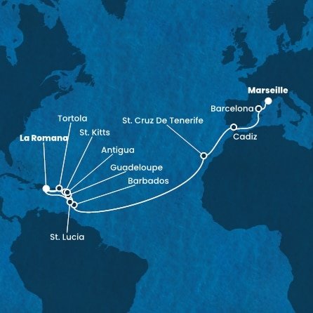 Francúzsko, Španielsko, Barbados, Guadeloupe, Svätý Krištof a Nevis, Britské Panenské ostrovy, Dominikánska republika, Svätá Lucia, Antigua a Barbuda z Marseille na lodi Costa Fascinosa