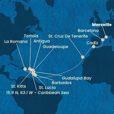 Francúzsko, Španielsko, Barbados, Guadeloupe, Svätý Krištof a Nevis, Britské Panenské ostrovy, Dominikánska republika, Svätá Lucia, Zámořské společenství Francie, Antigua a Barbuda z Marseille na lodi Costa Fascinosa