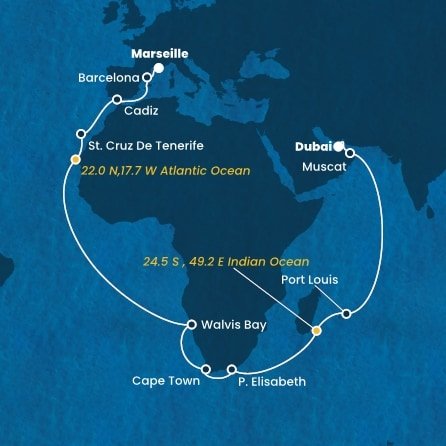 Francúzsko, Španielsko, Namíbia, Juhoafrická republika, , Maurícius, Omán, Spojené arabské emiráty z Marseille na lodi Costa Smeralda