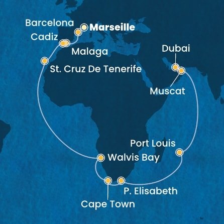 Francúzsko, Španielsko, Namíbia, Juhoafrická republika, Maurícius, Omán, Spojené arabské emiráty z Marseille na lodi Costa Toscana