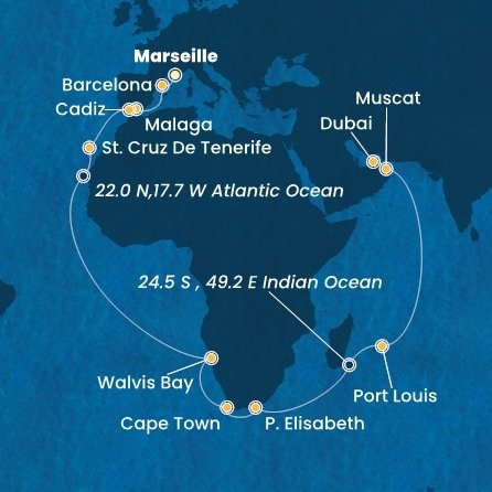 Francúzsko, Španielsko, Namíbia, Juhoafrická republika, , Maurícius, Omán, Spojené arabské emiráty z Marseille na lodi Costa Toscana