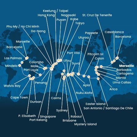 Francúzsko, Španielsko, Maroko, Barbados, Kolumbia, Panama, Ekvádor, Peru, Chile, Zámořské území Velké Británie, Francouzská Polynésie, Samoa, Tonga, Fiji, Vanuatská republika, Nová Kaledonie, Austrália, Papua Nová Guinea, Japonsko, Južná Kórea, Tchaj-wan, Čína, Vietnam, Singapur, Malajzia, Srí Lanka, Maledivy, Maurícius, Juhoafrická republika, Namíbia, Kapverdy z Marseille na lodi Costa Deliziosa
