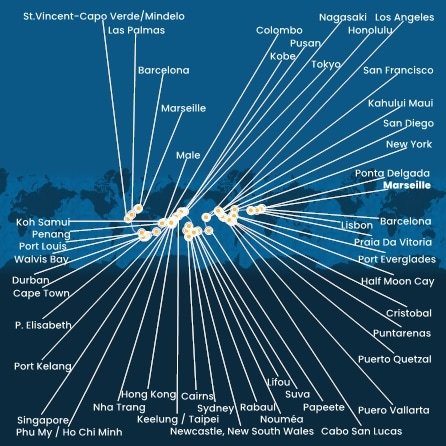 Francúzsko, Španielsko, Portugalsko, USA, , Panama, Kostarika, Guatemala, Mexiko, Francouzská Polynésie, Fiji, Nová Kaledonie, Austrália, Papua Nová Guinea, Japonsko, Južná Kórea, Tchaj-wan, Čína, Vietnam, Thajsko, Singapur, Malajzia, Srí Lanka, Maledivy, Maurícius, Juhoafrická republika, Namíbia, Kapverdy z Marseille na lodi Costa Deliziosa