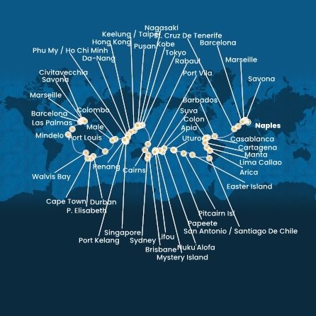 Taliansko, Francúzsko, Španielsko, Maroko, Barbados, Kolumbia, Panama, Ekvádor, Peru, Chile, Zámořské území Velké Británie, Francouzská Polynésie, Samoa, Tonga, Fiji, Vanuatská republika, Nová Kaledonie, Austrália, Papua Nová Guinea, Japonsko, Južná Kórea, Tchaj-wan, Čína, Vietnam, Singapur, Malajzia, Srí Lanka, Maledivy, Maurícius, Juhoafrická republika, Namíbia, Kapverdy z Neapolu na lodi Costa Deliziosa