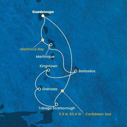 Guadeloupe, Zámořské společenství Francie, Trinidad a Tobago, Grenada, Svätý Vincent a Grenadiny, Barbados, Martinik z Pointe-à-Pitre na lodi Costa Fortuna