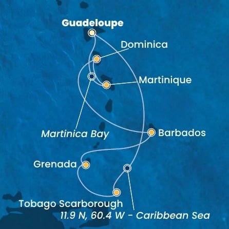 Guadeloupe, Zámořské společenství Francie, Trinidad a Tobago, Grenada, Barbados, Dominika, Martinik z Pointe-à-Pitre na lodi Costa Fortuna