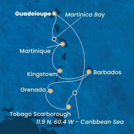 Guadeloupe, Zámořské společenství Francie, Trinidad a Tobago, Grenada, Barbados, Svätý Vincent a Grenadiny, Martinik z Pointe-à-Pitre na lodi Costa Fortuna