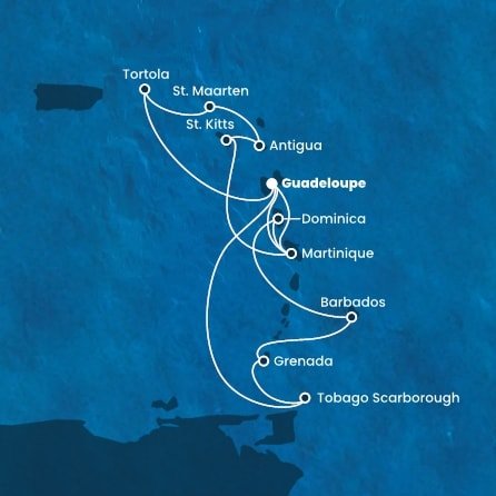 Guadeloupe, Britské Panenské ostrovy, Svatý Martin, Antigua a Barbuda, Svätý Krištof a Nevis, Martinik, Trinidad a Tobago, Grenada, Barbados, Dominika z Pointe-à-Pitre na lodi Costa Fortuna