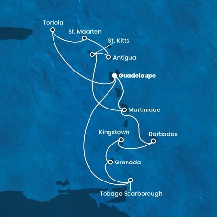 Guadeloupe, Britské Panenské ostrovy, Svatý Martin, Antigua a Barbuda, Svätý Krištof a Nevis, Martinik, Trinidad a Tobago, Grenada, Svätý Vincent a Grenadiny, Barbados z Pointe-à-Pitre na lodi Costa Fortuna