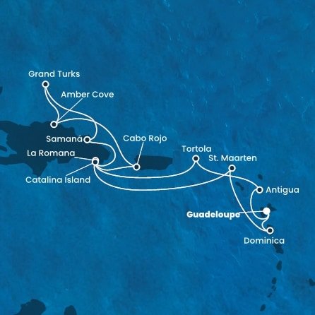 Guadeloupe, Antigua a Barbuda, Britské Panenské ostrovy, Dominikánska republika, Veľká Británia, Svatý Martin, Dominika z Pointe-à-Pitre na lodi Costa Fascinosa