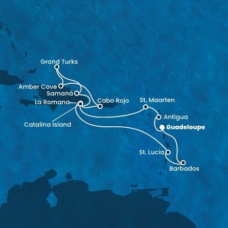 Guadeloupe, Antigua a Barbuda, Svatý Martin, Dominikánska republika, Veľká Británia, Svätá Lucia, Barbados z Pointe-à-Pitre na lodi Costa Fascinosa