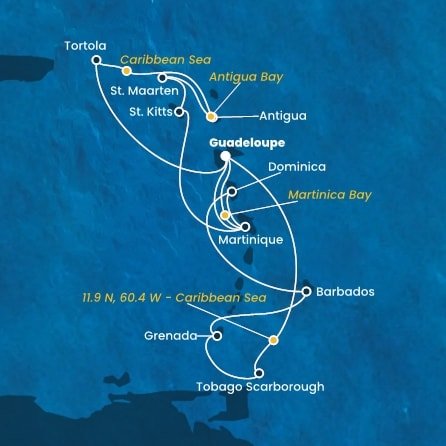 Guadeloupe, Britské Panenské ostrovy, , Antigua a Barbuda, Svatý Martin, Svätý Krištof a Nevis, Martinik, Zámořské společenství Francie, Trinidad a Tobago, Grenada, Barbados, Dominika z Pointe-à-Pitre na lodi Costa Fortuna