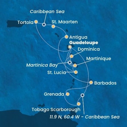 Guadeloupe, Zámořské společenství Francie, Trinidad a Tobago, Grenada, Barbados, Dominika, Martinik, Britské Panenské ostrovy, , Svatý Martin, Antigua a Barbuda, Svätá Lucia z Pointe-à-Pitre na lodi Costa Fortuna