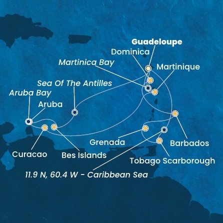 Guadeloupe, Zámořské společenství Francie, Trinidad a Tobago, Grenada, Barbados, Dominika, Martinik, Bonaire, Aruba, Holandsko, Curacao z Pointe-à-Pitre na lodi Costa Fortuna