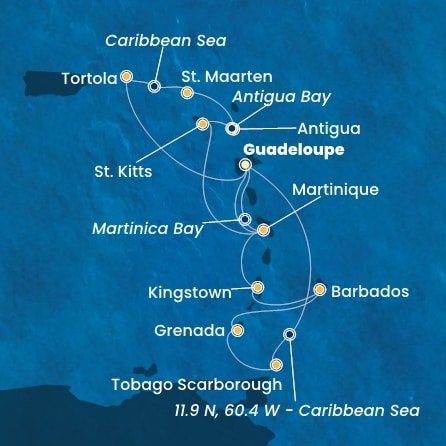 Guadeloupe, Zámořské společenství Francie, Trinidad a Tobago, Grenada, Barbados, Svätý Vincent a Grenadiny, Martinik, Britské Panenské ostrovy, , Svatý Martin, Antigua a Barbuda, Svätý Krištof a Nevis z Pointe-à-Pitre na lodi Costa Fortuna