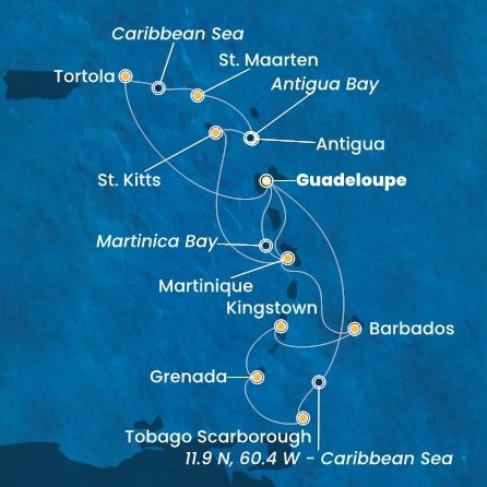 Guadeloupe, Britské Panenské ostrovy, , Svatý Martin, Antigua a Barbuda, Svätý Krištof a Nevis, Martinik, Zámořské společenství Francie, Trinidad a Tobago, Grenada, Svätý Vincent a Grenadiny, Barbados z Pointe-à-Pitre na lodi Costa Fortuna