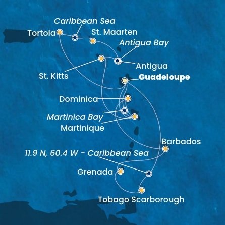 Guadeloupe, Britské Panenské ostrovy, , Svatý Martin, Antigua a Barbuda, Svätý Krištof a Nevis, Martinik, Zámořské společenství Francie, Trinidad a Tobago, Grenada, Barbados, Dominika z Pointe-à-Pitre na lodi Costa Fortuna